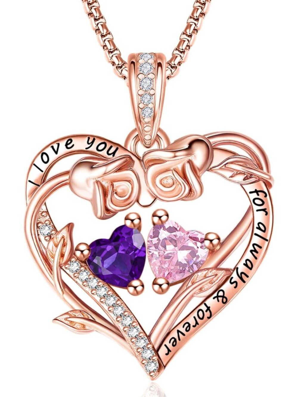 Rose Gold Double Birthstone Heart Necklace - Perfect Gift for Anniversary